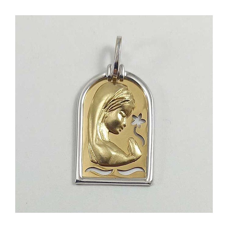 Medalla con la Virgen niña en oro amarillo y blanco de ley 18 quilates