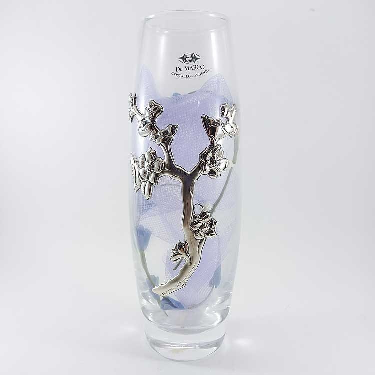 Jarrón pequeño de cristal decorado con flores en plata bilaminada
