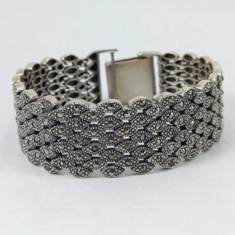 Pulsera ancha de señora en plata 925 envejecida con marcasitas